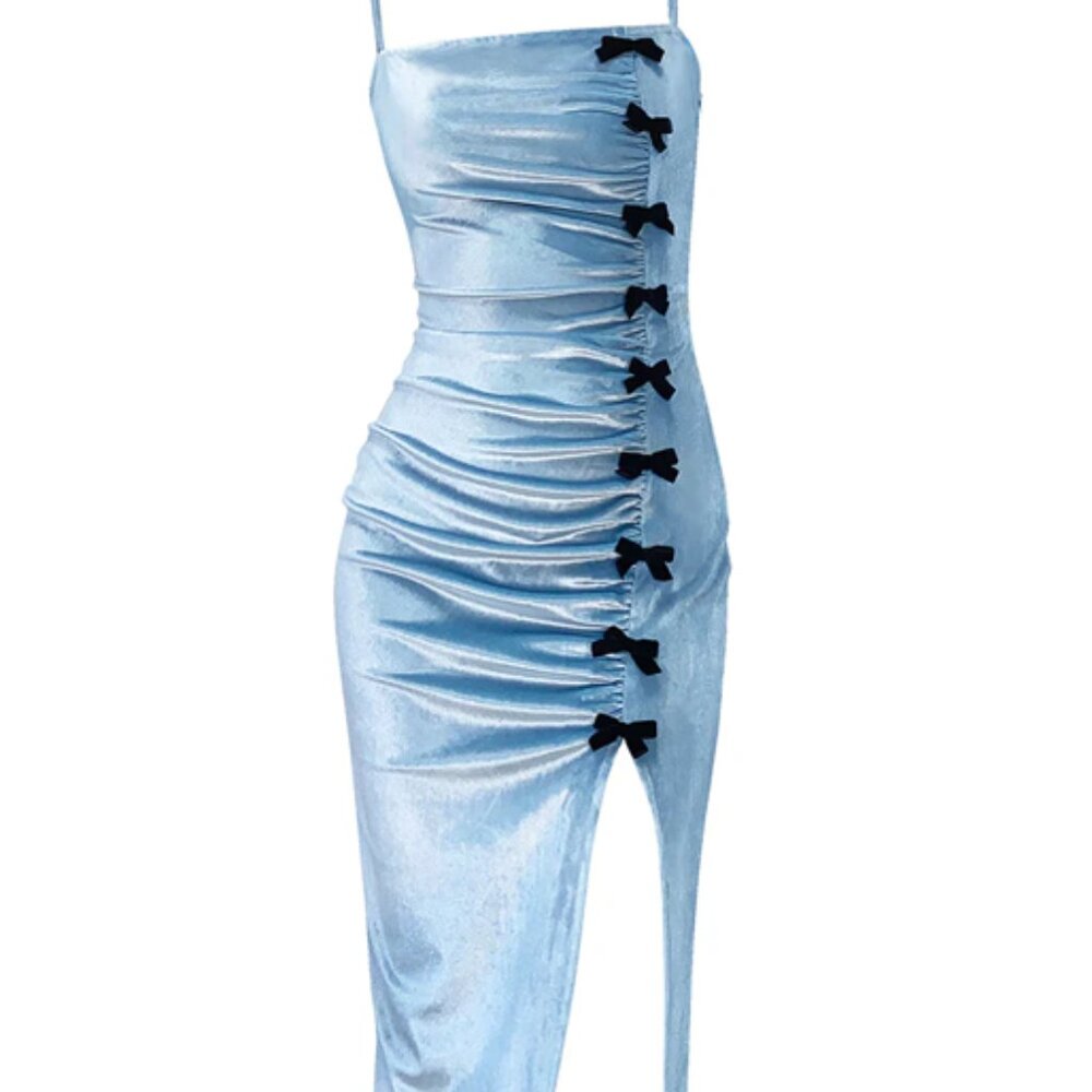 ISO CFIERCE Velvet Harebell Bow Dress Blue Womens S/M